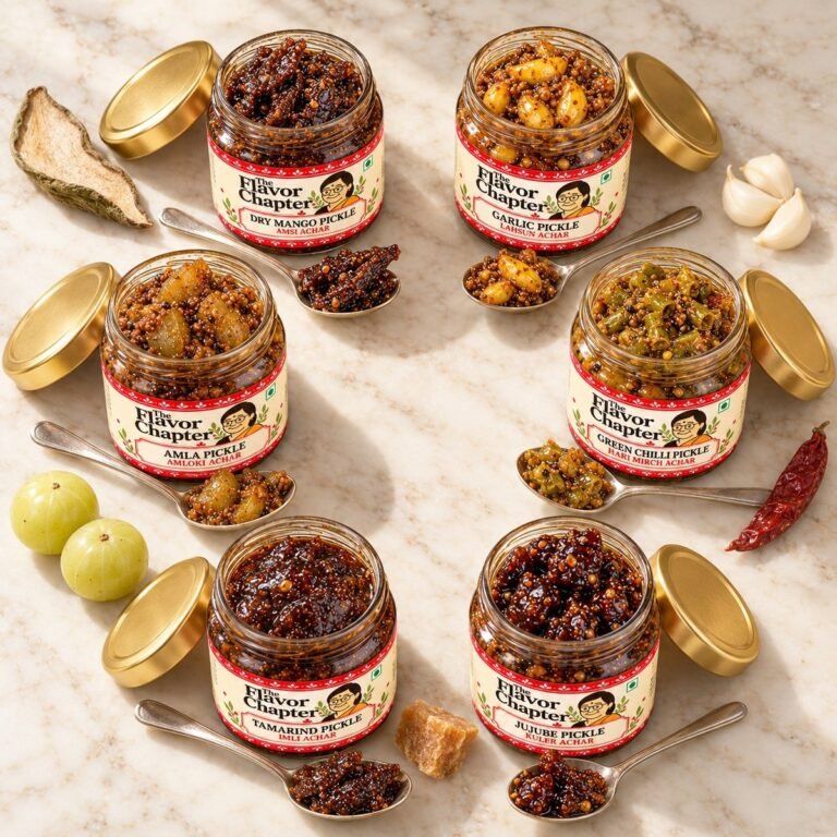 All six homemade pickles in the sampler, open 100 g jars with a spoon of each: dry mango amsi, garlic, green chilli, amla, tamarind and jujube kul