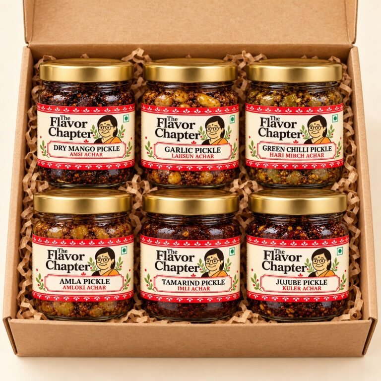 Achar sampler gift box with six 100 g food-grade jars of homemade Bengali pickles