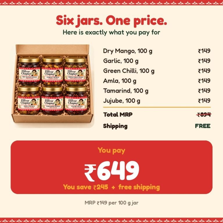 Sampler pack value: six jars at MRP Rs 149 each, total Rs 894, you pay Rs 649 with free shipping