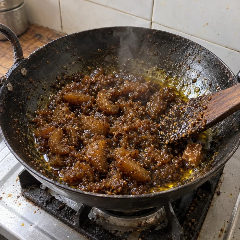 Amla segments cooked down with jaggery into dark thick pickle in an iron kadai, mustard oil at the edges