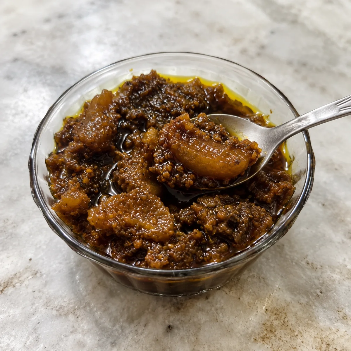 Close-up of dark amla pickle with soft jaggery cooked segments and mustard oil in a glass katori