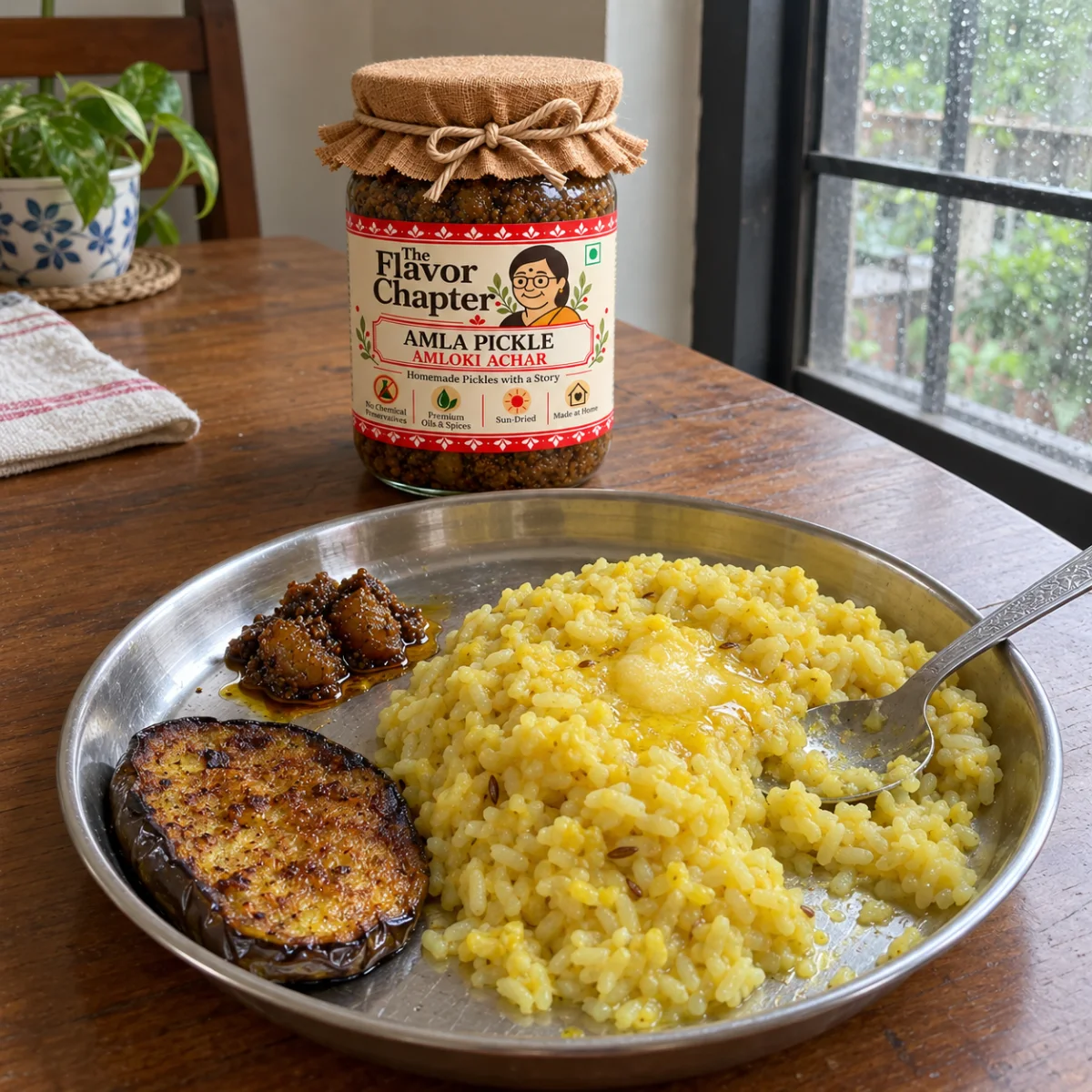 Moong dal khichdi with begun bhaja and a small spoon of amla pickle on a steel plate