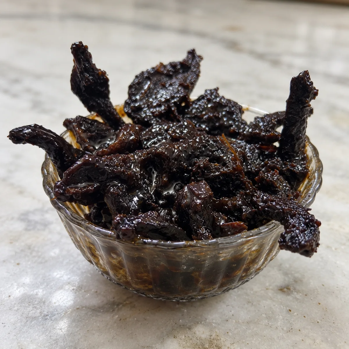 Close-up of homemade amsi achar, dark sun-dried mango slices glossy with jaggery syrup in a glass bowl