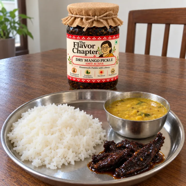 Amsi achar with rice and dal on a steel thali