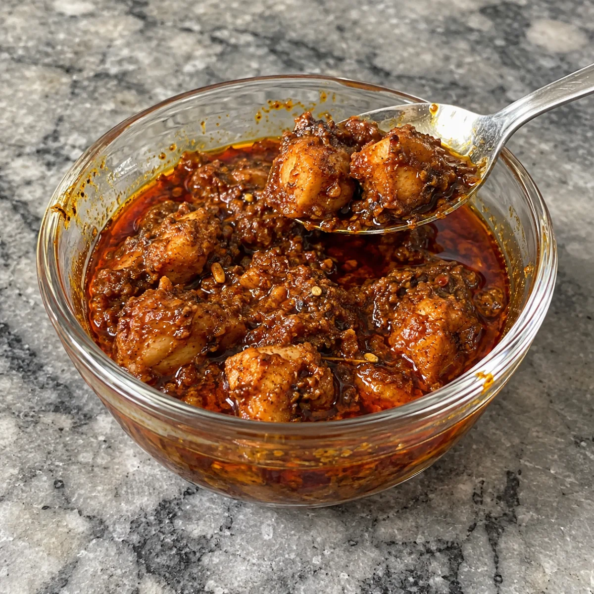 Close-up of boneless chicken pickle in red masala and mustard oil in a glass katori, a spoon lifting a few pieces