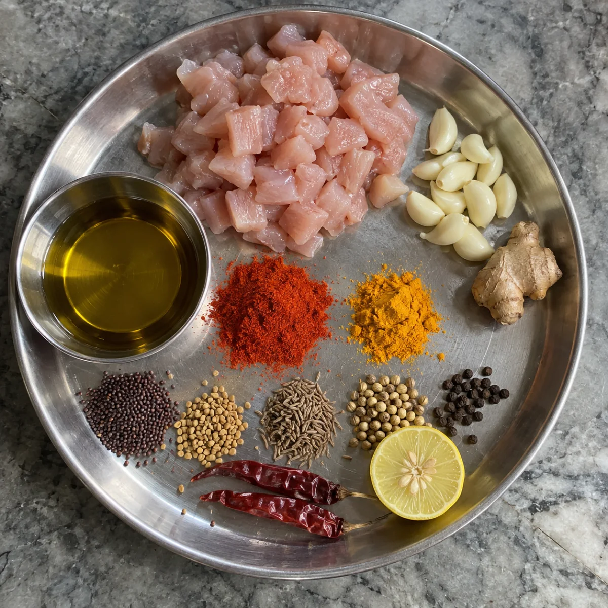Chicken pickle ingredients on a steel plate: boneless chicken breast cubes, garlic, ginger, mustard oil, red chilli, turmeric, whole spices and lemon
