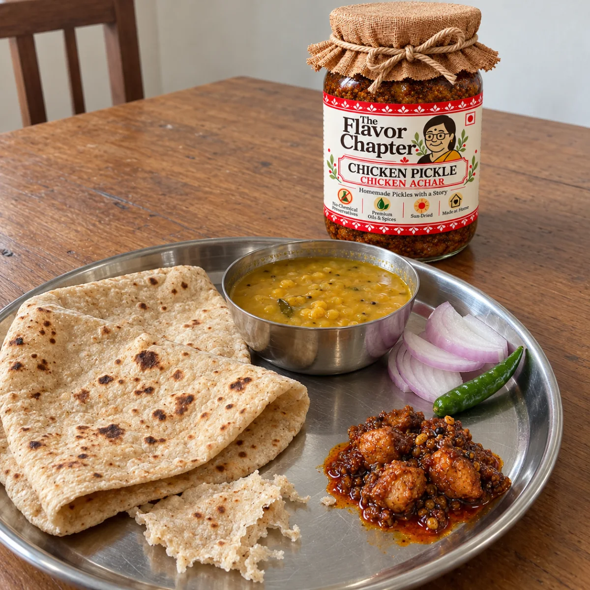 Home dinner of roti, masoor dal, onion and a small spoon of chicken pickle on a steel plate