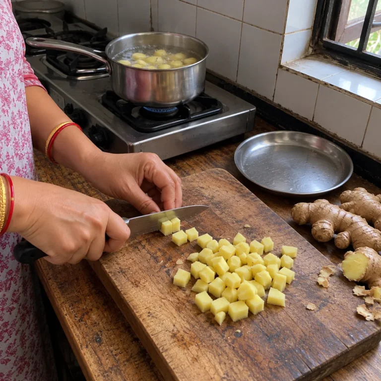Scraped ginger cut into small candy size pieces on a board, more blanching on the stove