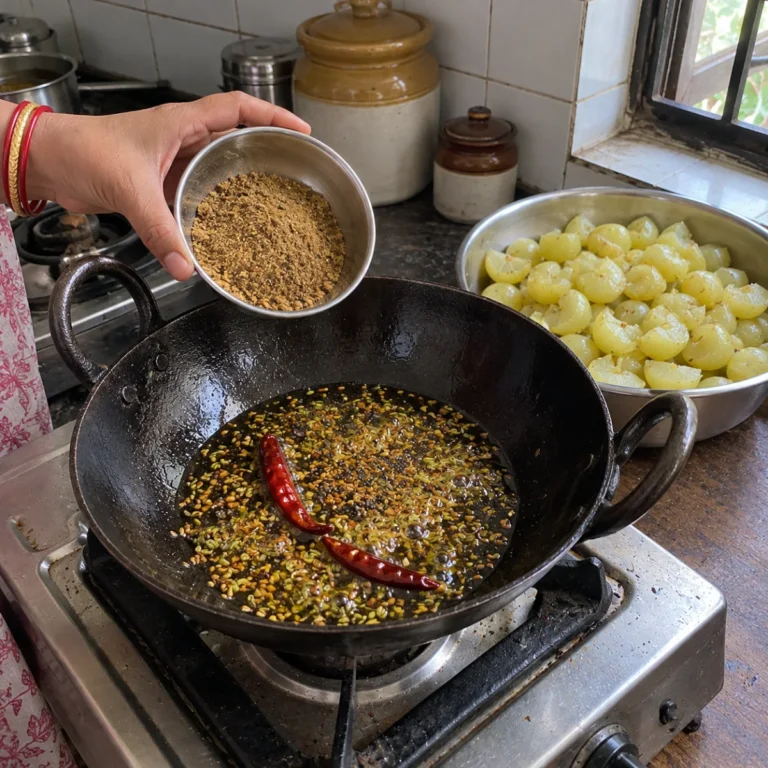 Fenugreek, fennel, mustard seed, cumin and dry red chillies crackling in mustard oil in an iron kadai, steamed amla waiting beside