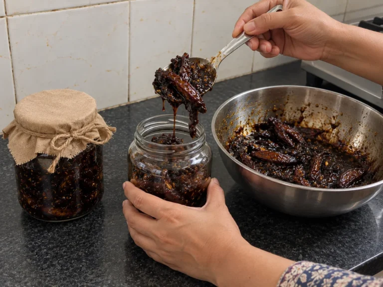 Finished amsi achar being spooned by hand into jars before sealing, in a Kolkata home kitchen