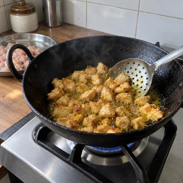 Small chicken pieces frying golden in mustard oil in an iron kadai