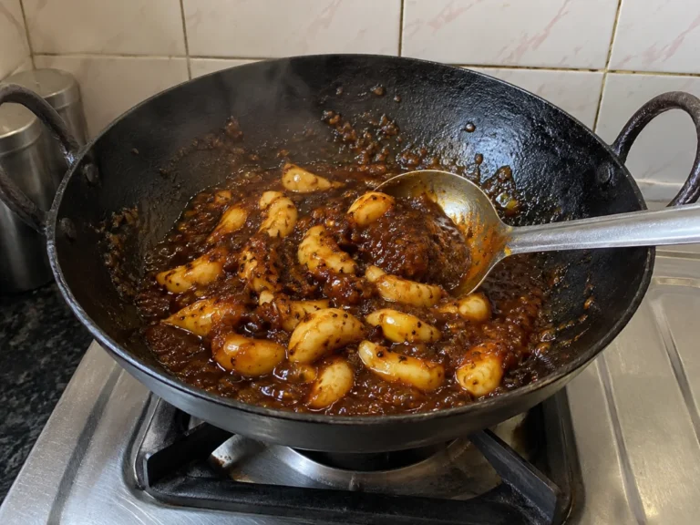 Whole garlic cloves stirred into tamarind and jaggery masala with mustard oil in an iron kadai, making lahsun achar
