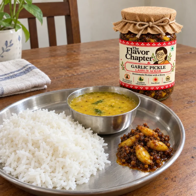 Garlic pickle with rice and dal on a steel thali