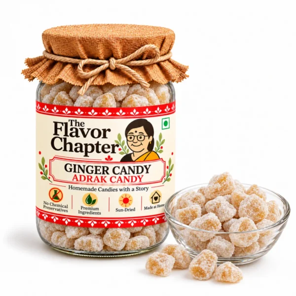 Ginger candy adrak candy jar with a glass bowl of small syrup coated ginger pieces