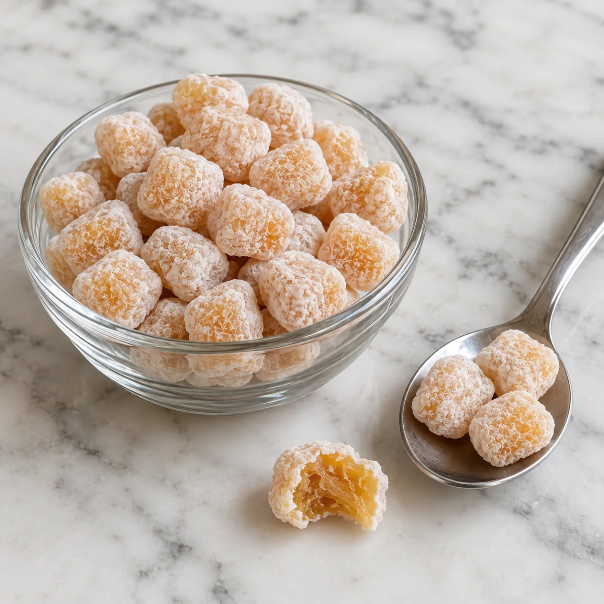 Close-up of small syrup coated ginger candy pieces in a glass bowl, one bitten to show the soft ginger inside