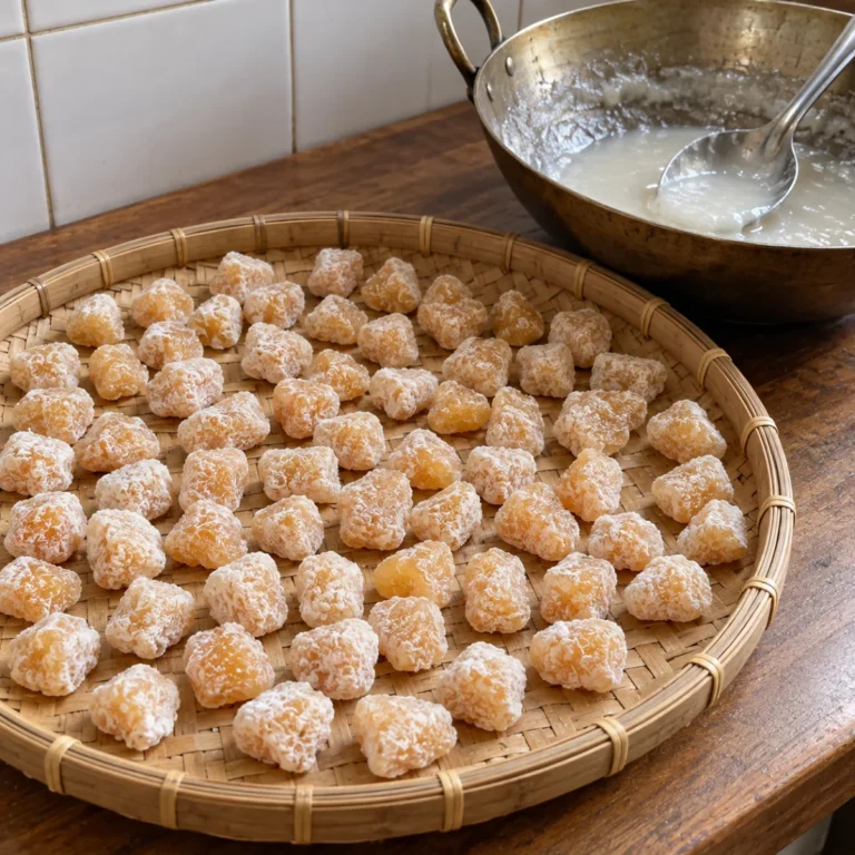 Small ginger candy pieces with a set white syrup crust drying on a bamboo tray beside a kadai of reduced syrup