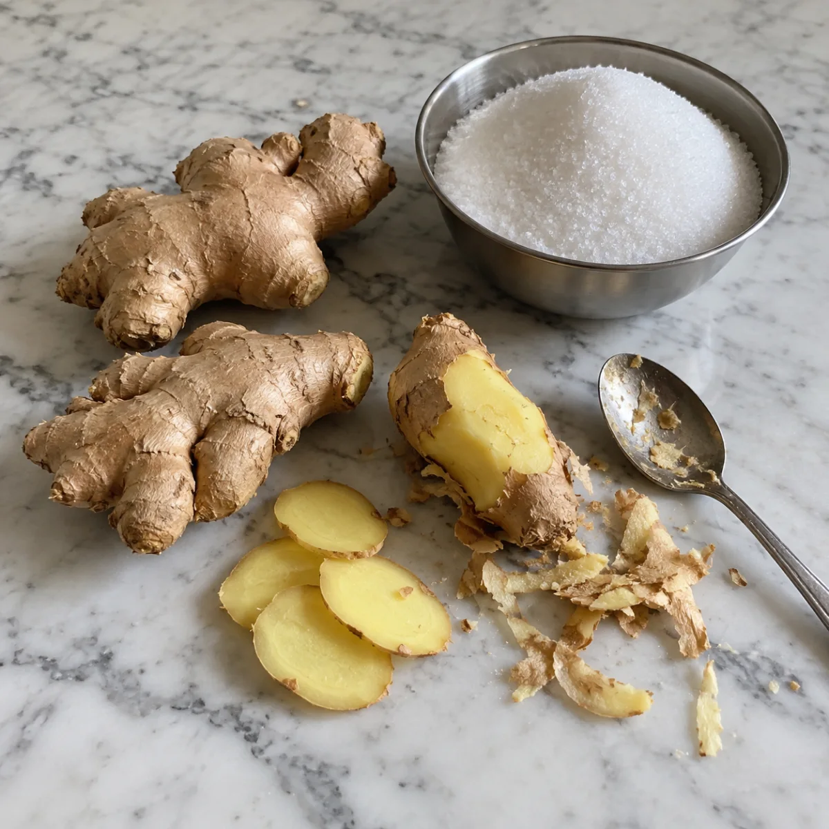 Ginger candy ingredients: fresh mature ginger, scraped ginger, raw slices and a bowl of sugar