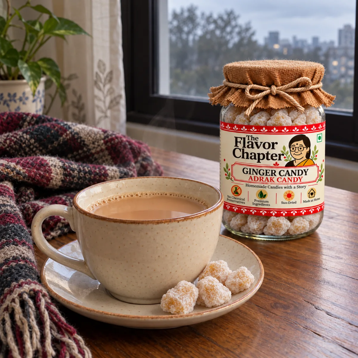 Small syrup coated ginger candy pieces on a saucer with a cup of tea and the Ginger Candy jar by a window