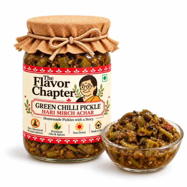 Green chilli pickle hari mirch achar jar with a glass bowl of sun cured chopped green chillies in mustard oil