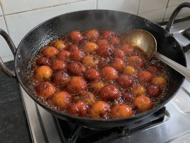 Whole kul simmering with sugar in an iron kadai on a home gas stove while the syrup thickens, making kuler achar