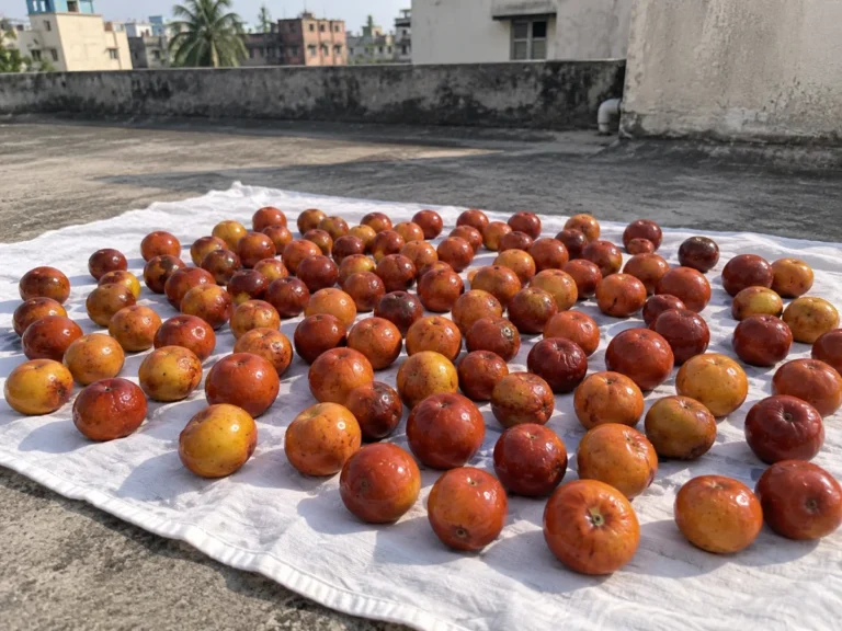 Washed kul resting in the sun on a white cloth on a Kolkata rooftop, skins starting to wrinkle, for kuler achar