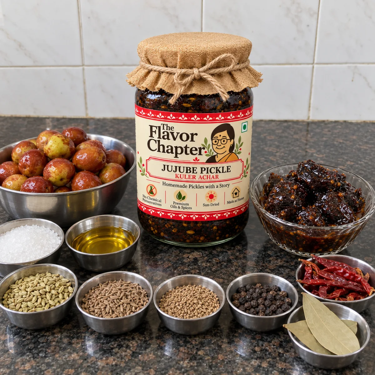 Kuler achar ingredients: sun-aged kul, sugar, mustard oil, dry red chilli, fennel, cumin, ajwain, black pepper and bay leaf around a The Flavor Chapter jar