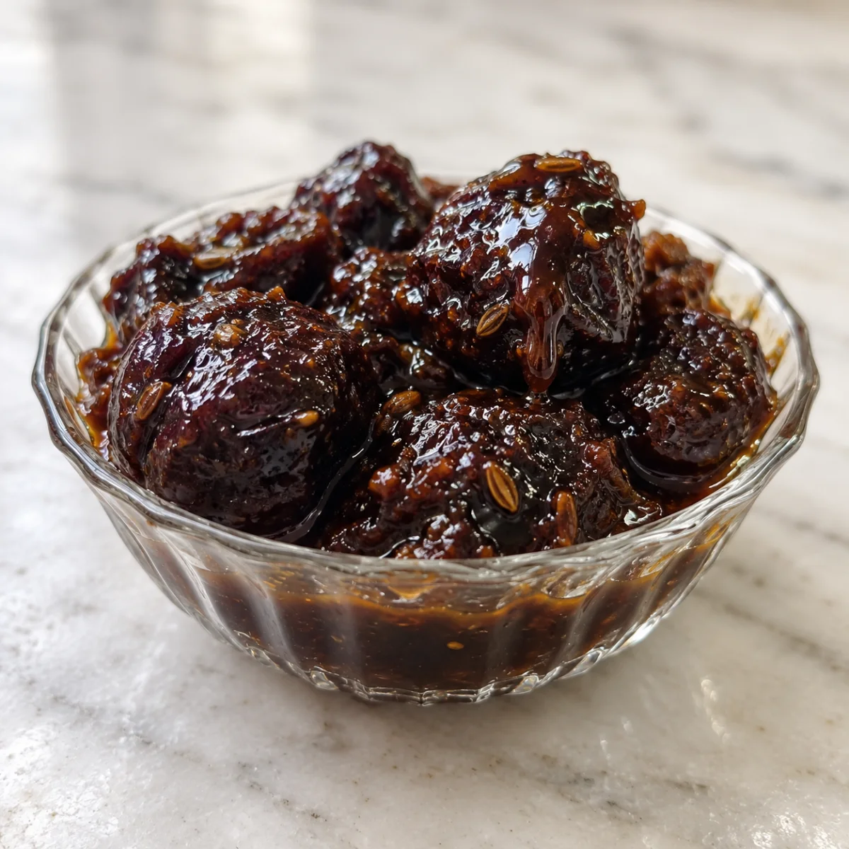 Close-up of homemade kuler achar, whole dark jujubes glossy in thick sugar syrup with fennel, in a glass bowl