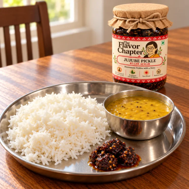 Kuler achar with rice and dal on a Bengali thali