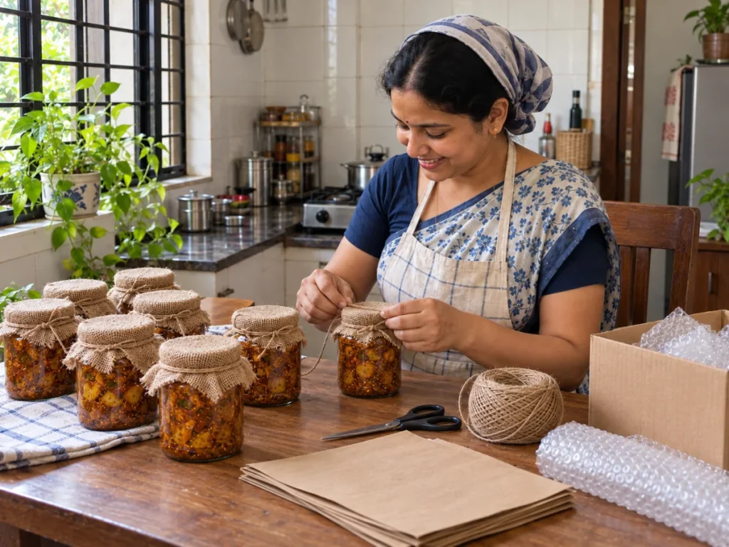 Woman tying jute cloth caps on homemade pickle jars and packing them simply in brown paper