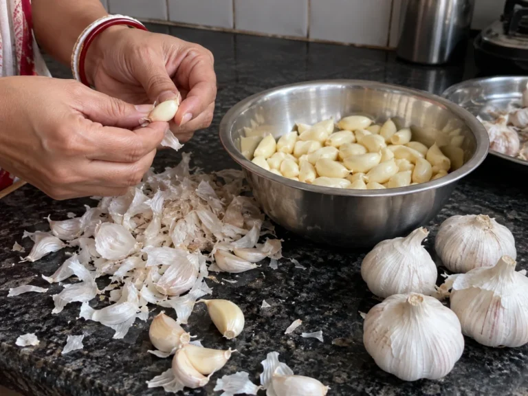 Local garlic being peeled clove by clove by hand for garlic pickle in a Kolkata kitchen