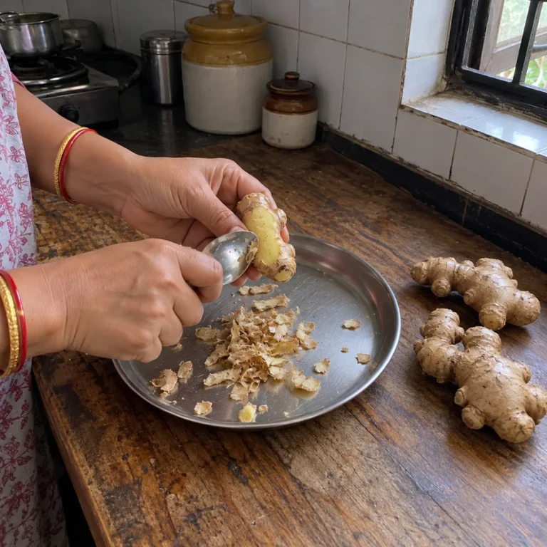 Hands scraping the skin off fresh mature ginger with a steel spoon