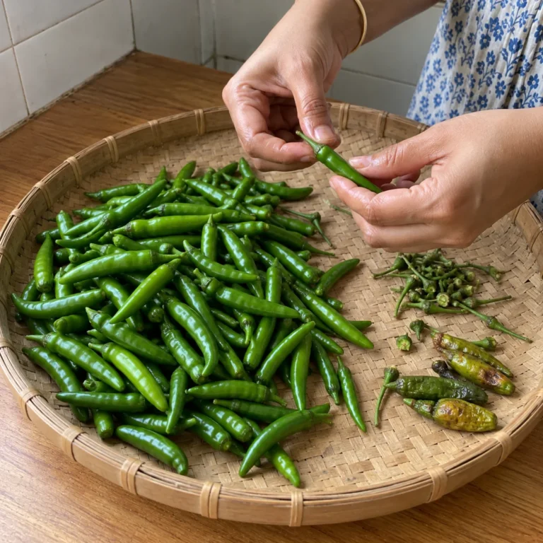 Hands sorting fresh green chillies on a bamboo kula, soft rejects set aside