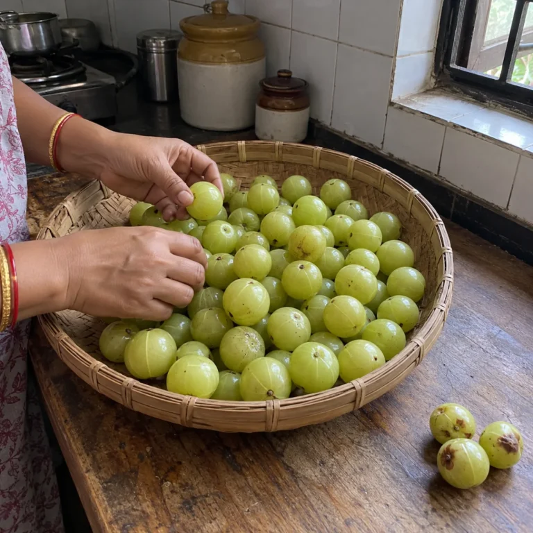 Hands sorting fresh winter amla in a bamboo basket, bruised ones set aside