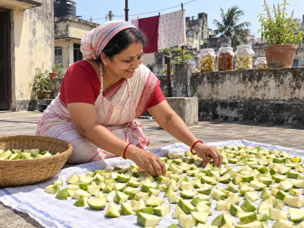 Woman spreading raw mango pieces to dry in the sun on a Kolkata rooftop, pickle jars on the parapet
