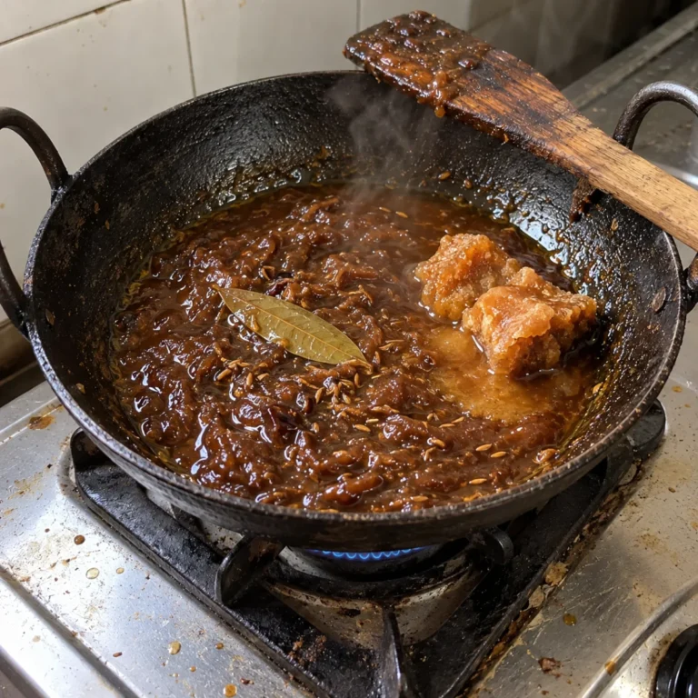 Tamarind pulp cooking with jaggery, cumin and bay leaf in mustard oil in an iron kadai on a gas stove