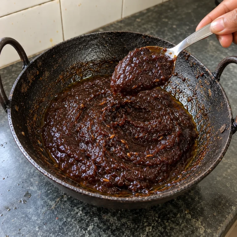 Cooked tamarind pickle at a spoonable set in an iron kadai, a spoon lifting the thick dark paste