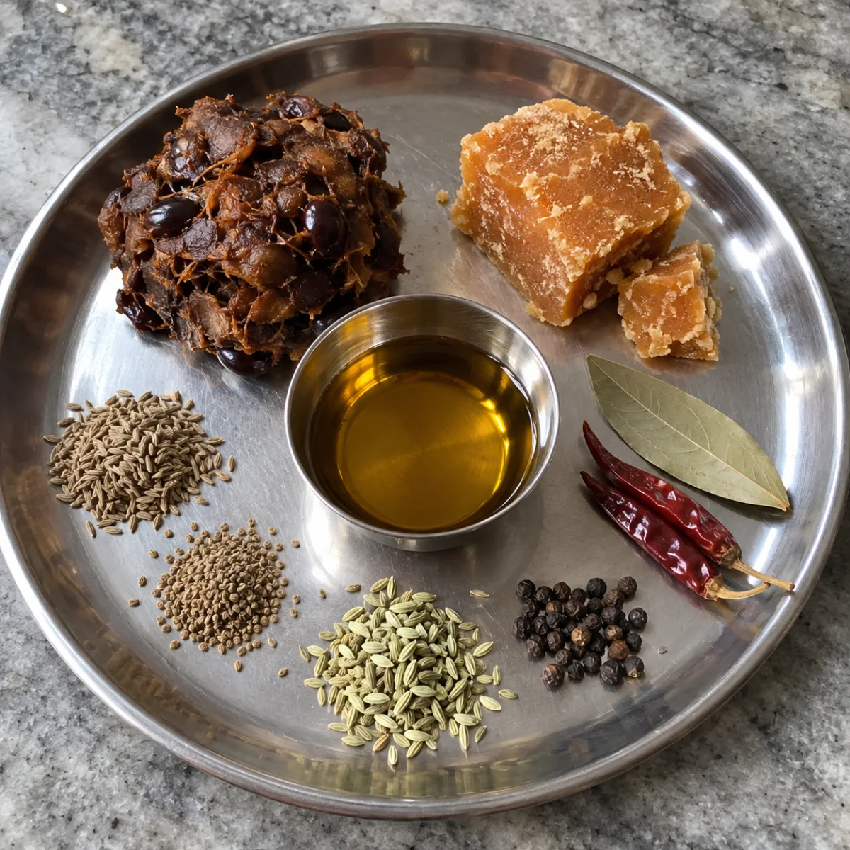 Tamarind pickle ingredients on a steel plate: shelled tamarind, jaggery, mustard oil, cumin, ajwain, fennel, black pepper, dry red chilli and bay leaf