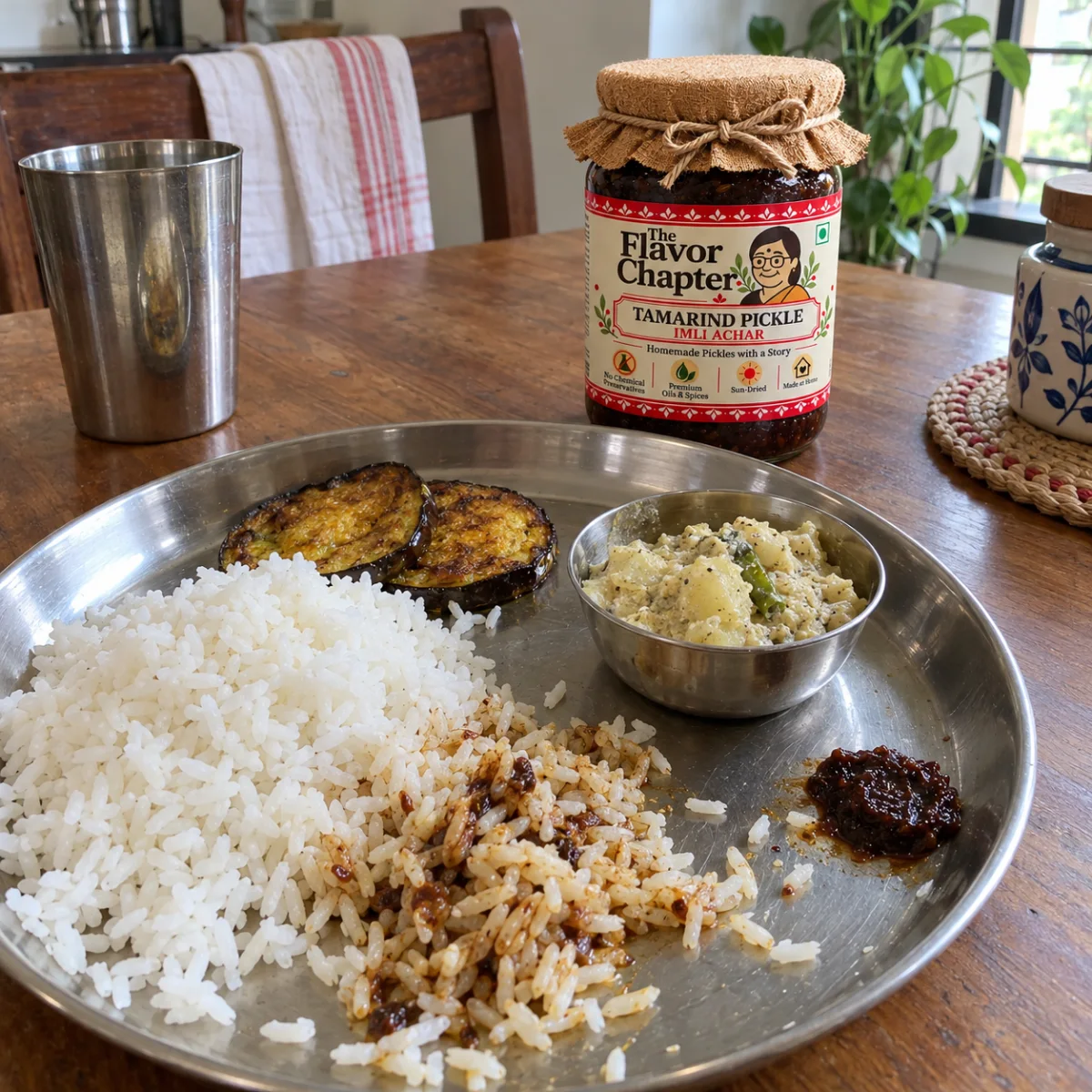 Bengali lunch thali with rice, aloo posto, begun bhaja and a small spoon of tamarind pickle