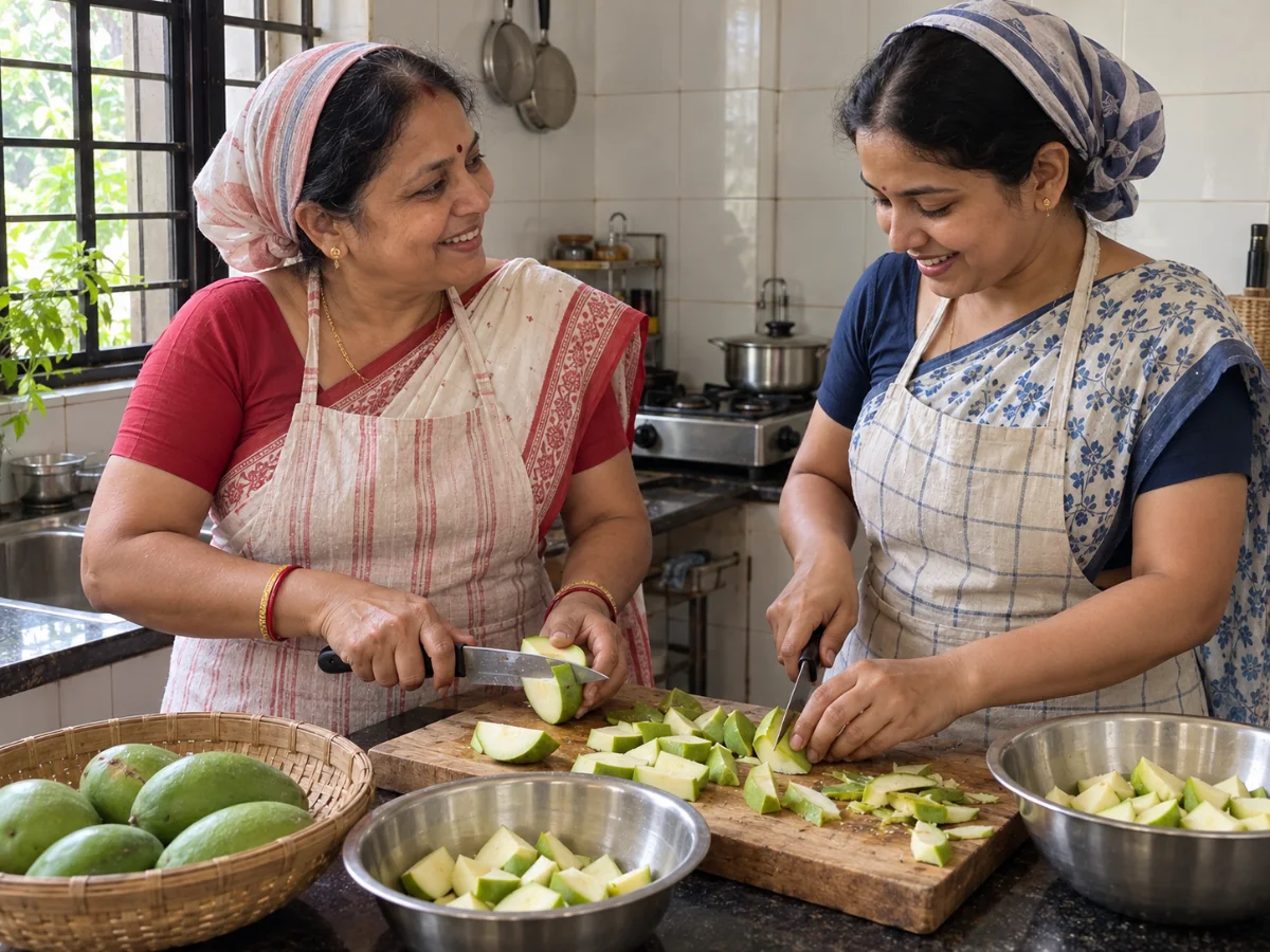 Two women cutting raw mangoes for pickle in a Kolkata home kitchen
