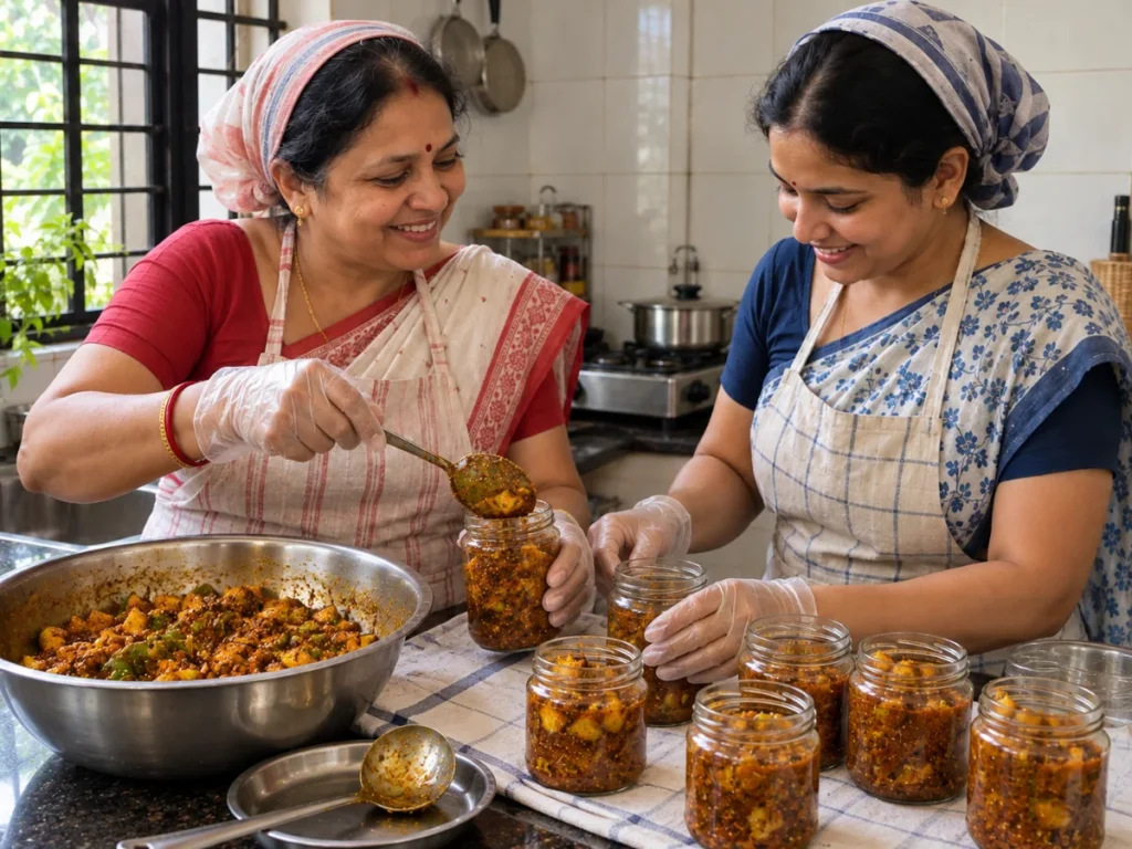 Two women in gloves and aprons filling jars with homemade mango pickle