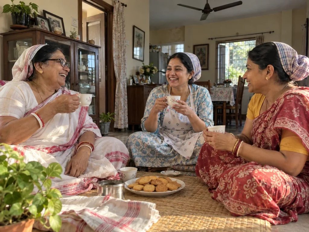 Three women from our kitchen laughing together over tea during a break at home